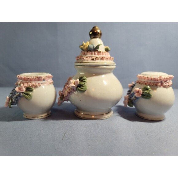 Mini Sugar Shaker Toothpick Holder Vintage Rose Garden Trinket Porcelain Set - Picture 9 of 11